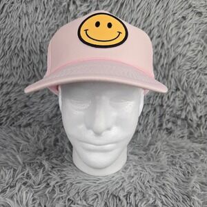 Nissin Cap Smiley Face Trucker Hat Unisex OSFA Pink Mesh Snapback Rope Detail